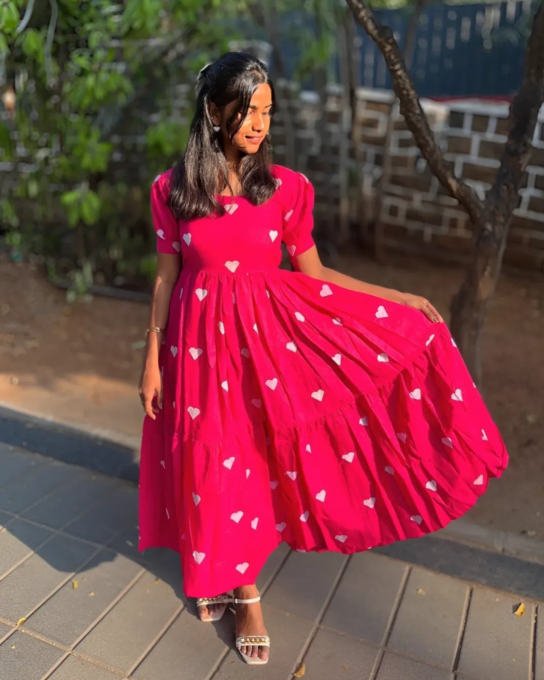 Pink Heart Embroidery Cotton Gown