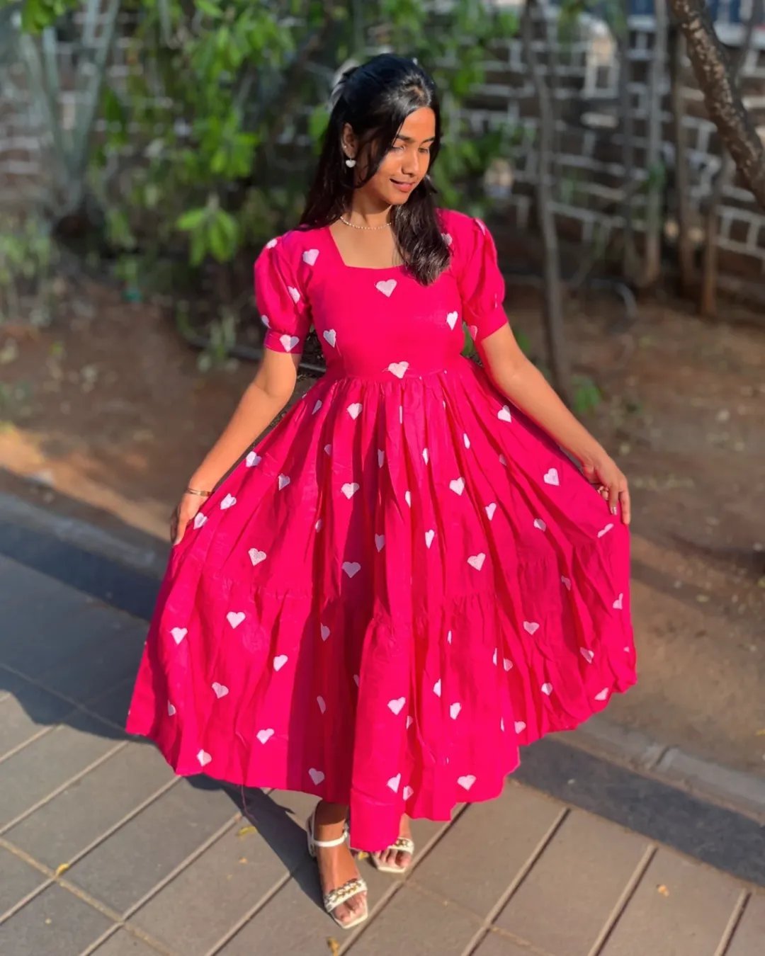 Pink Heart Embroidery Cotton Gown