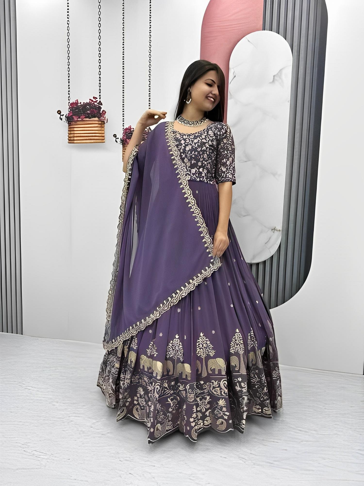 Royal Purple Anarkali Gown with Golden Zari Elephant & Peacock Embroidery