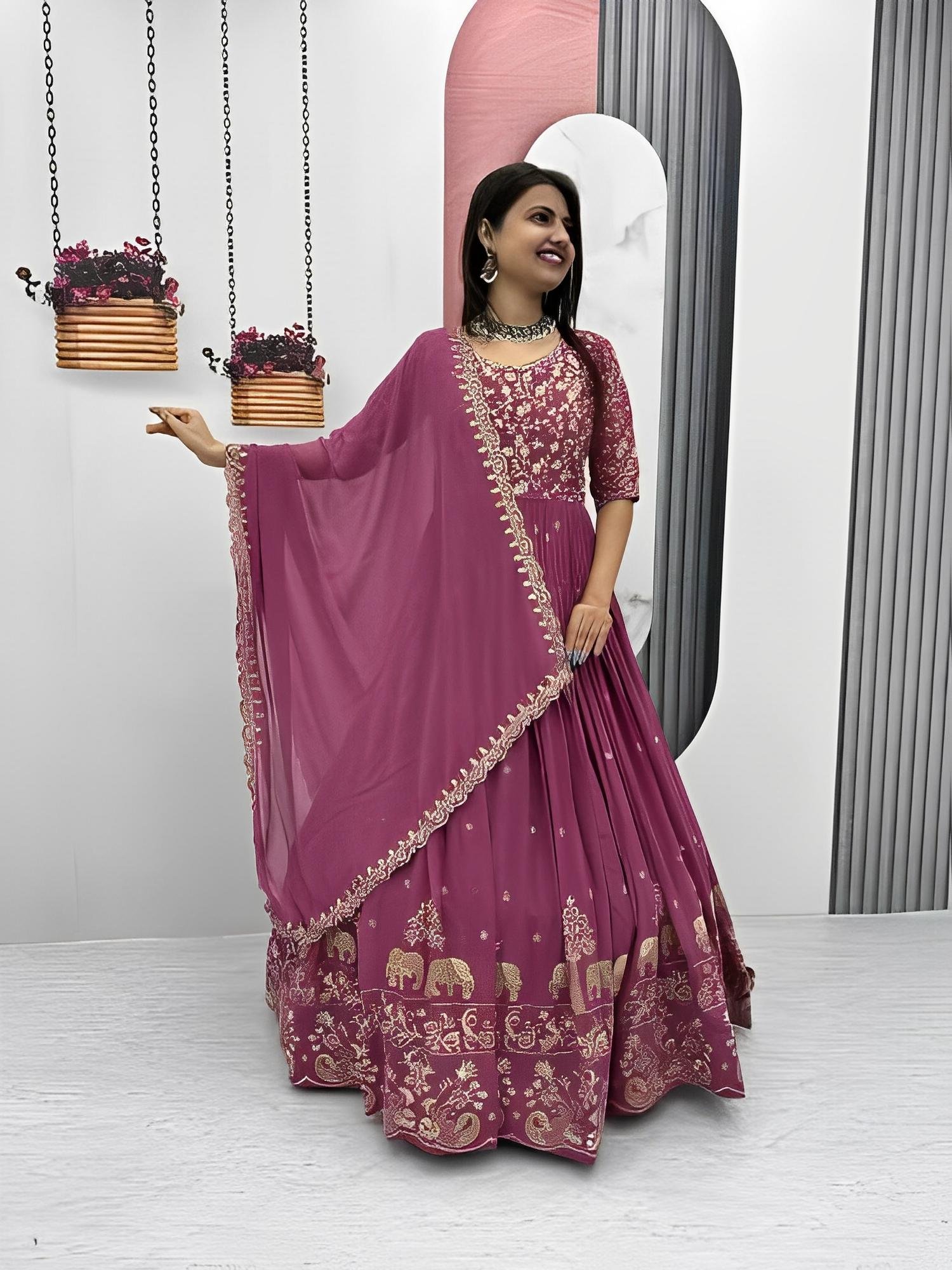 Royal Purple Anarkali Gown with Golden Zari Elephant & Peacock Embroidery