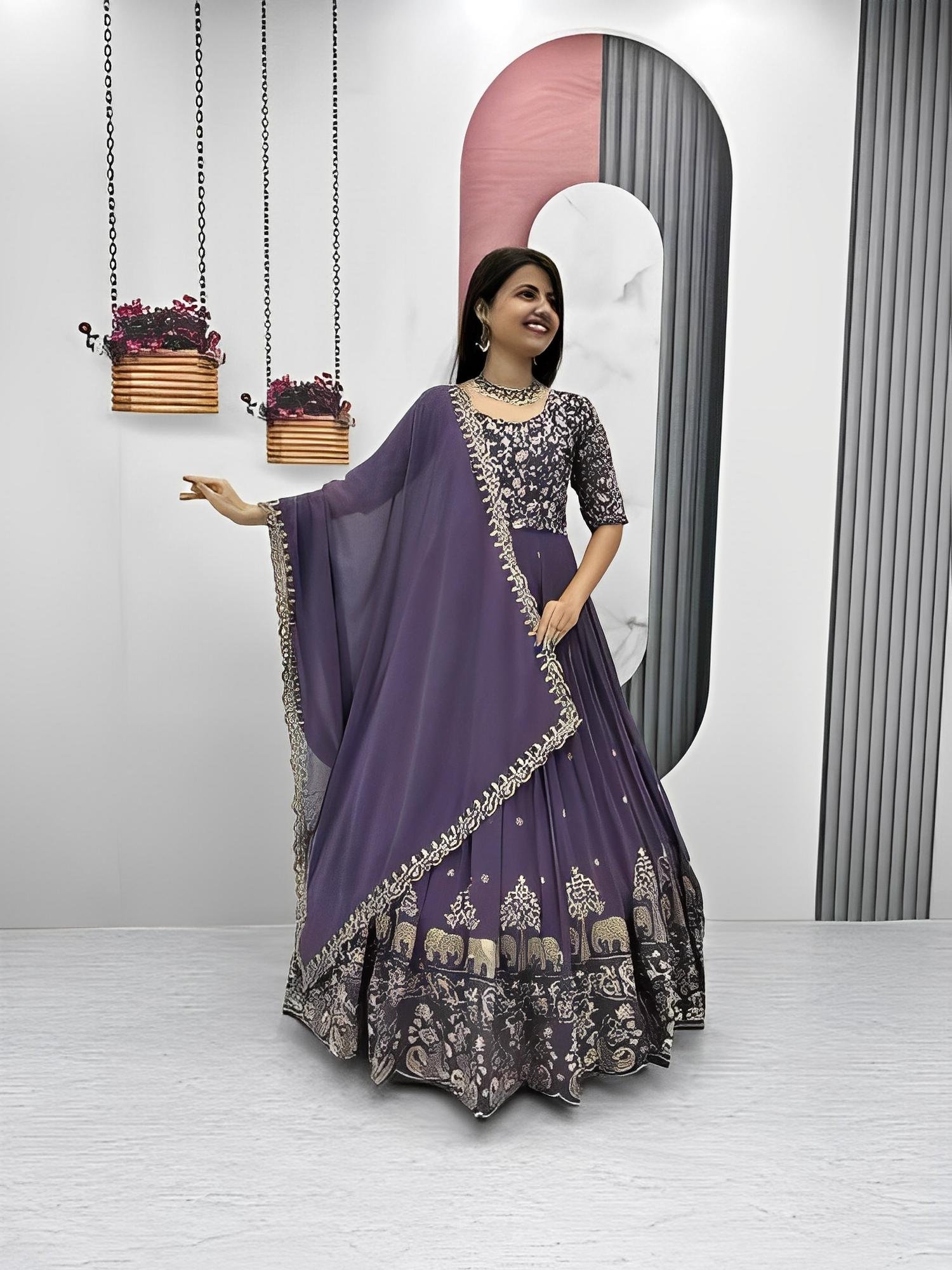 Royal Purple Anarkali Gown with Golden Zari Elephant & Peacock Embroidery