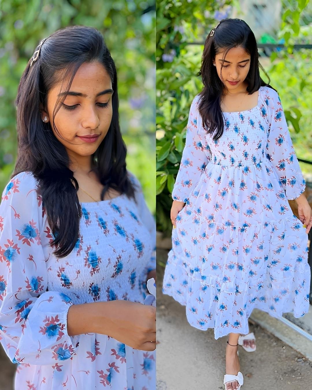 Women's Floral Printed White Georgette Smocked Midi Dress with Puff Sleeves