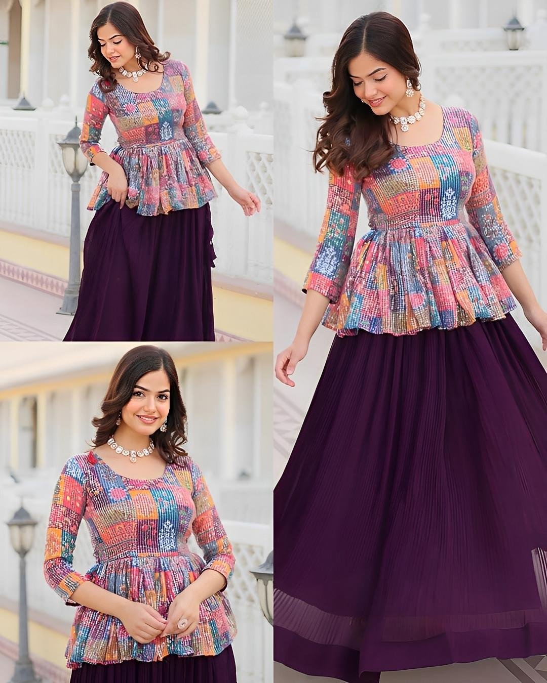 Women's Multicolor Sequin Peplum Top with Pleated Purple Flared Skirt Set