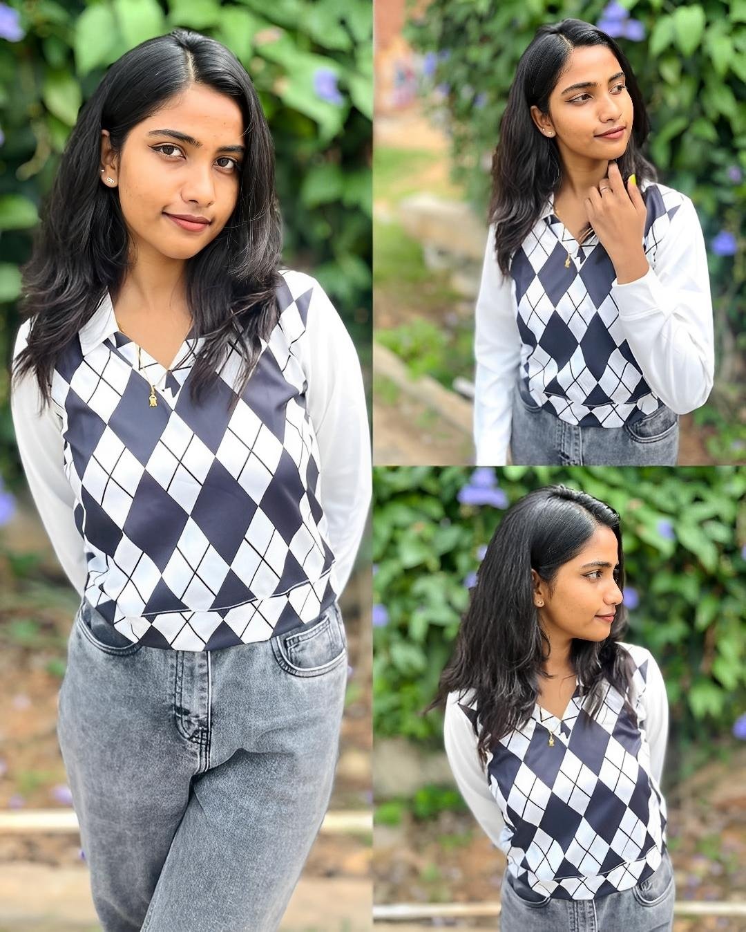 Women's Black & White Argyle Print V-Neck Top with Full Sleeves