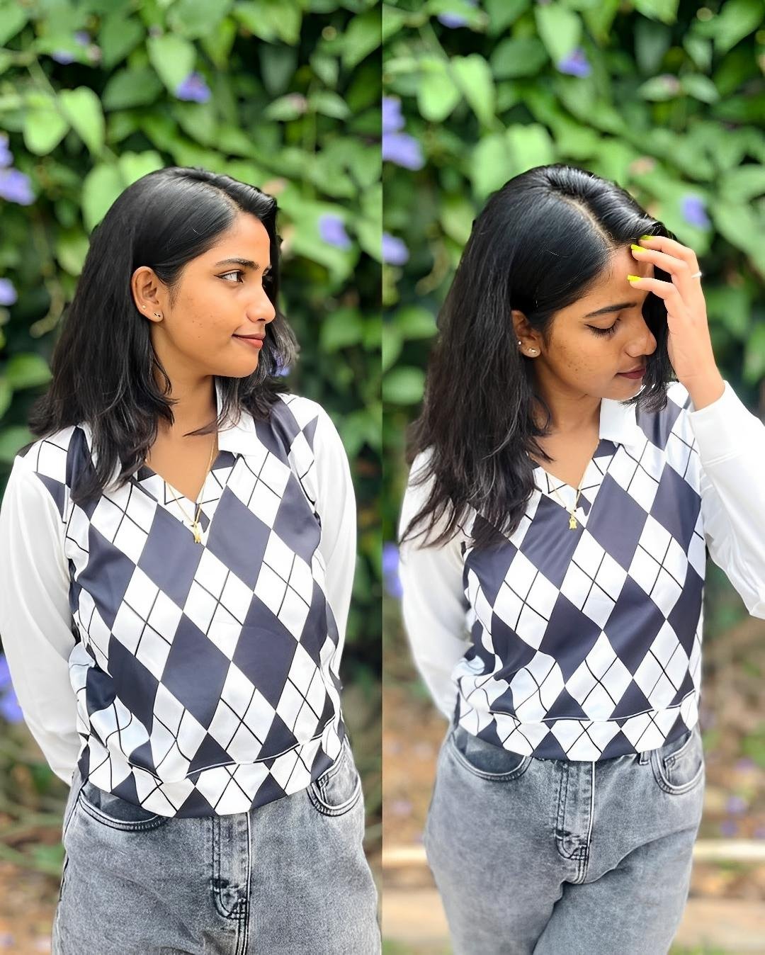 Women's Black & White Argyle Print V-Neck Top with Full Sleeves