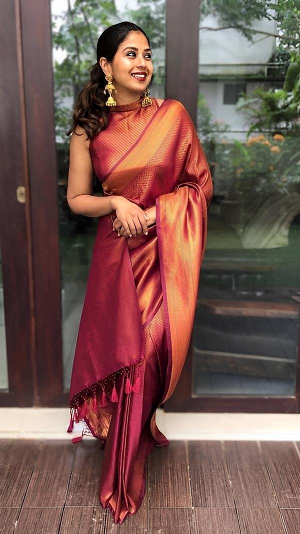 Burnt Maroon & Gold Designer Silk Saree – Regal & Radiant