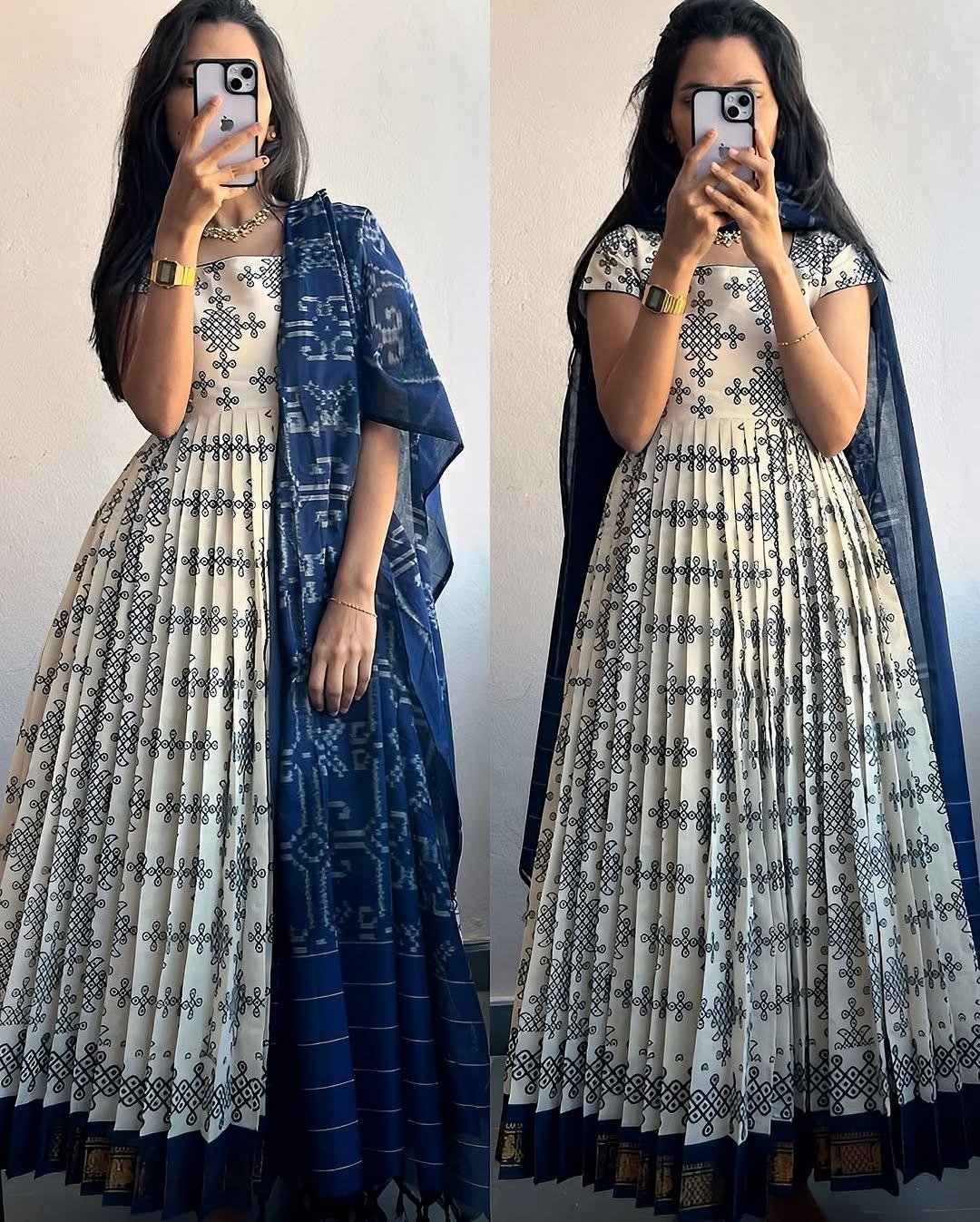 Elegant Sungudi White & Blue Printed Sungudi Gown with Dupatta