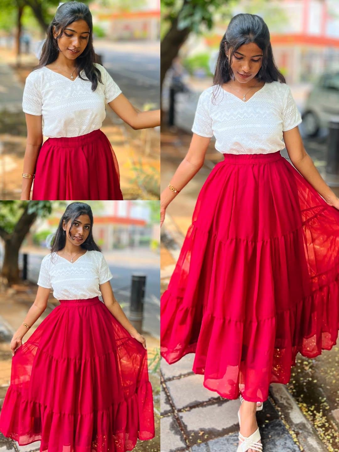 Trendy White Top with Flared Red Maxi Skirt Set