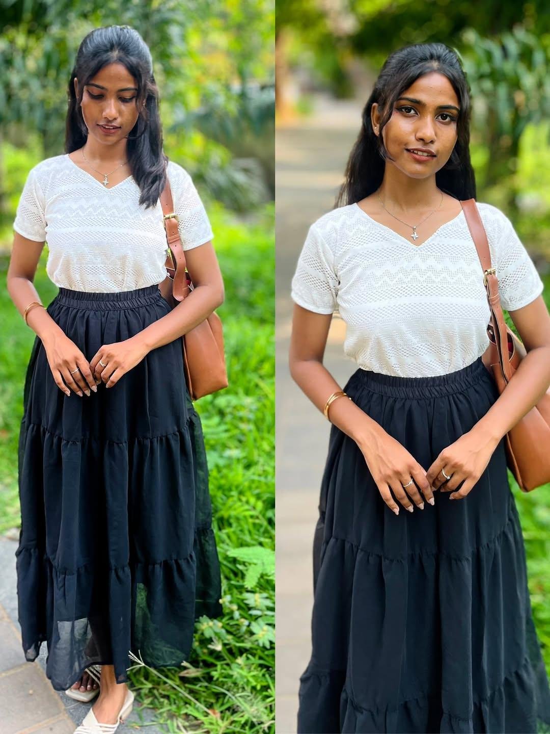 Trendy White Top with Flared Red Maxi Skirt Set