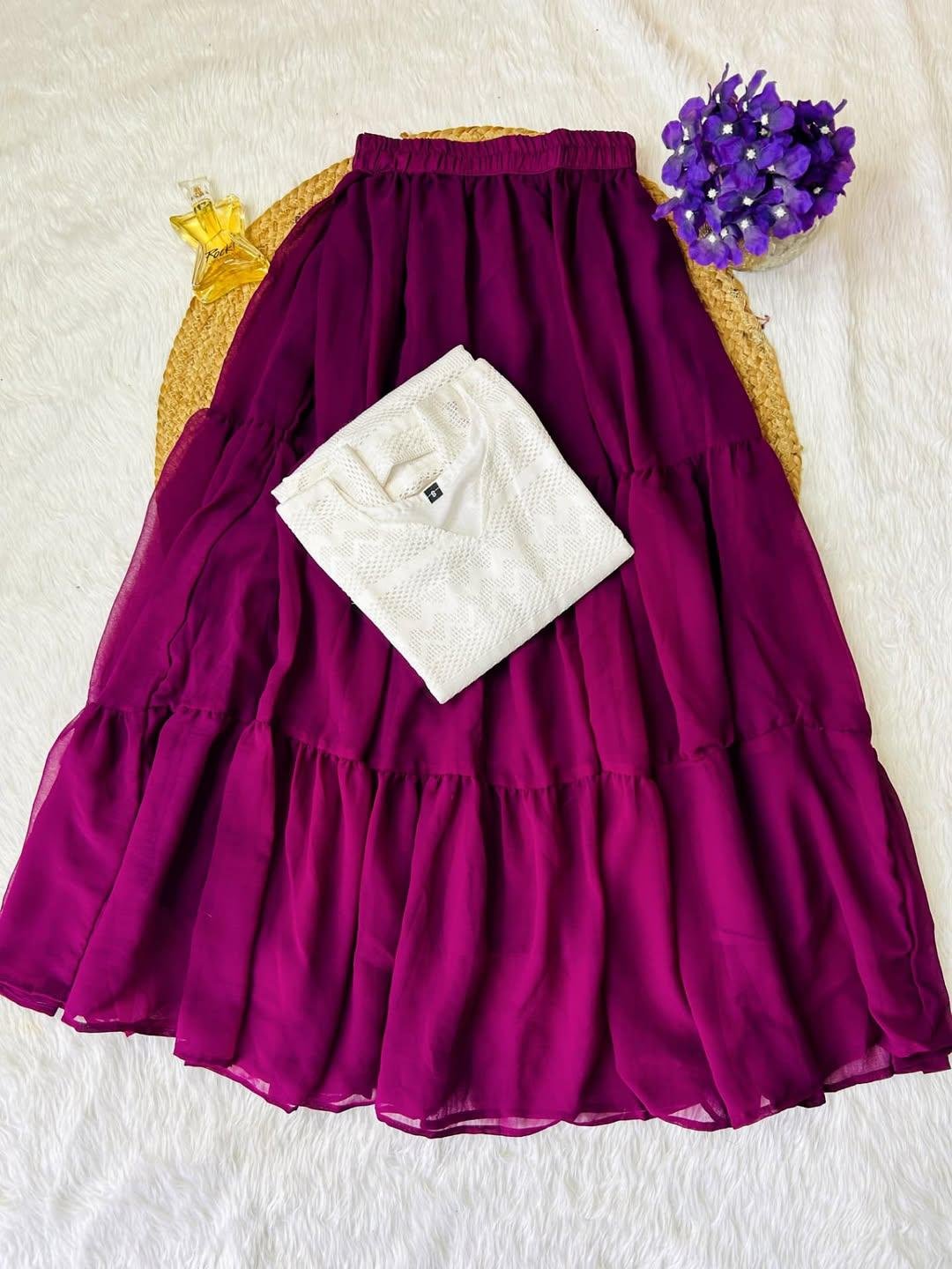 Trendy White Top with Flared Red Maxi Skirt Set