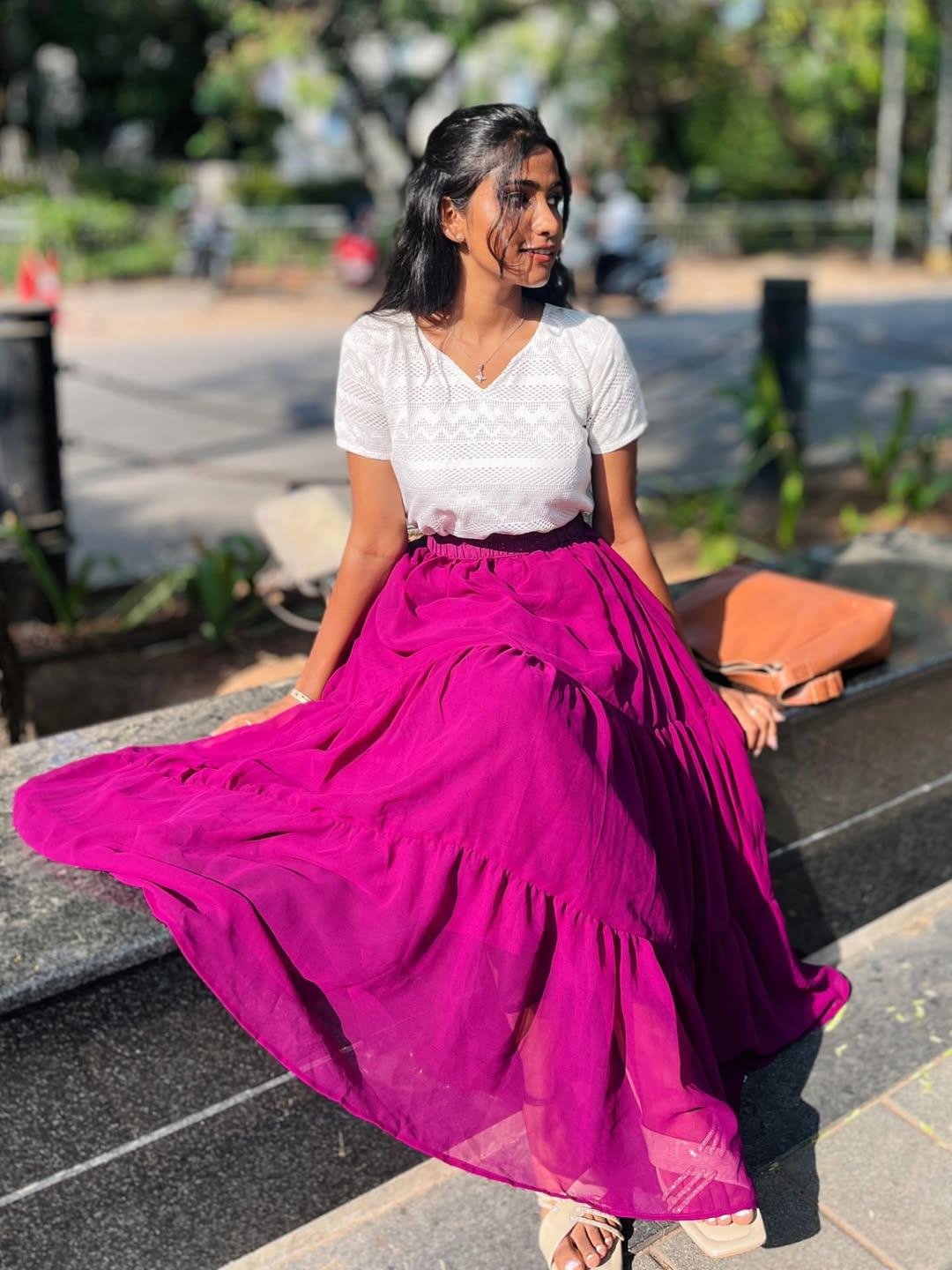 Trendy White Top with Flared Red Maxi Skirt Set