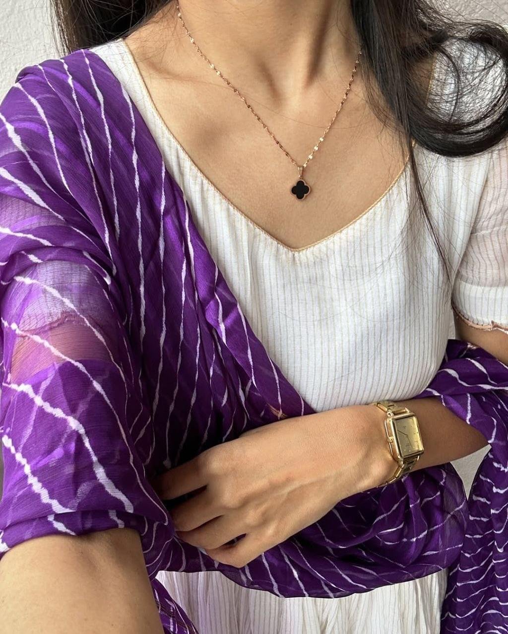 Elegant White Anarkali Gown with Purple Bandhani Dupatta