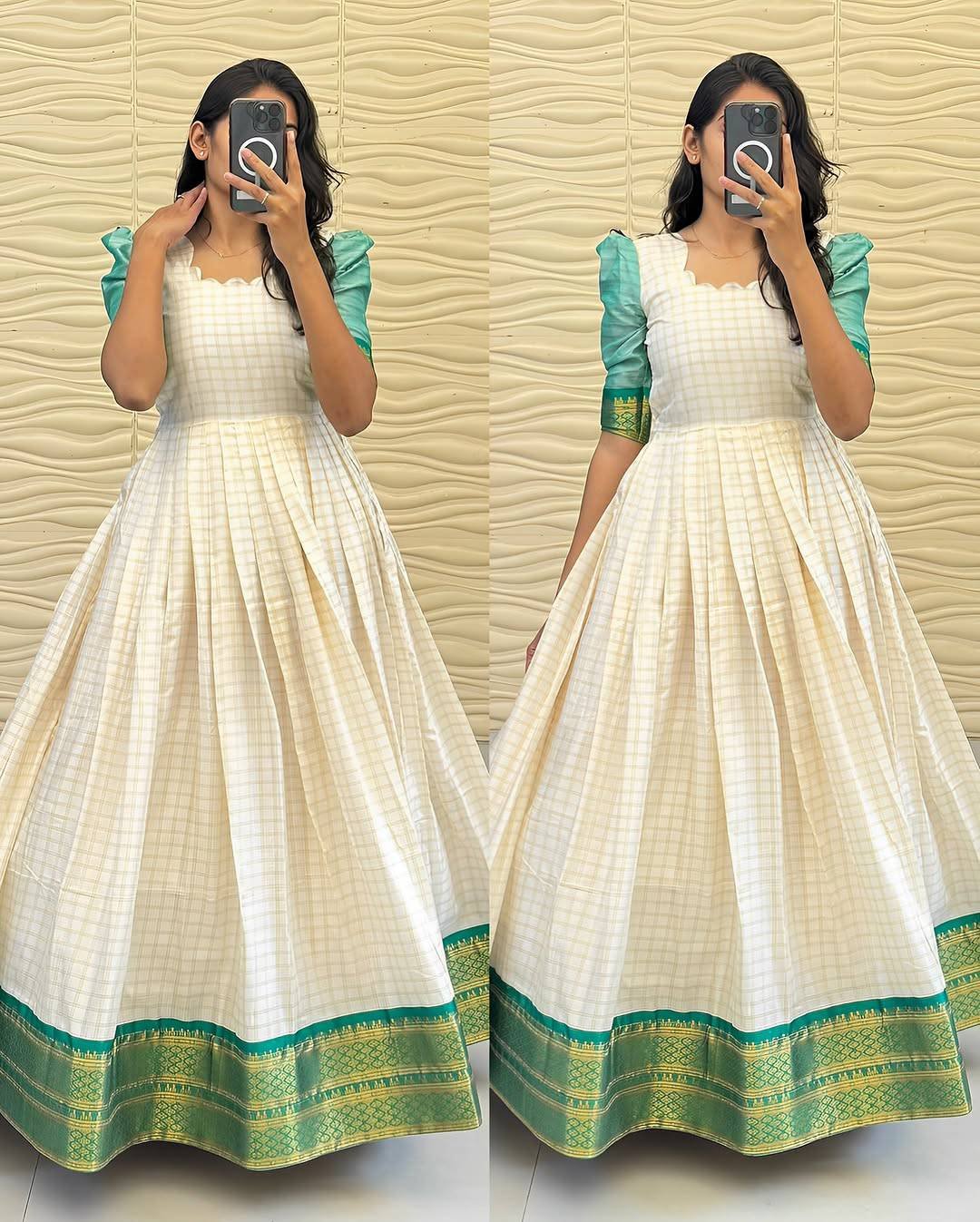 Traditional White Checked Anarkali Gown with Contrast  Sleeves & Golden Border