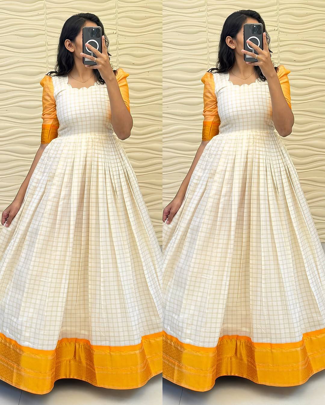 Traditional White Checked Anarkali Gown with Contrast  Sleeves & Golden Border