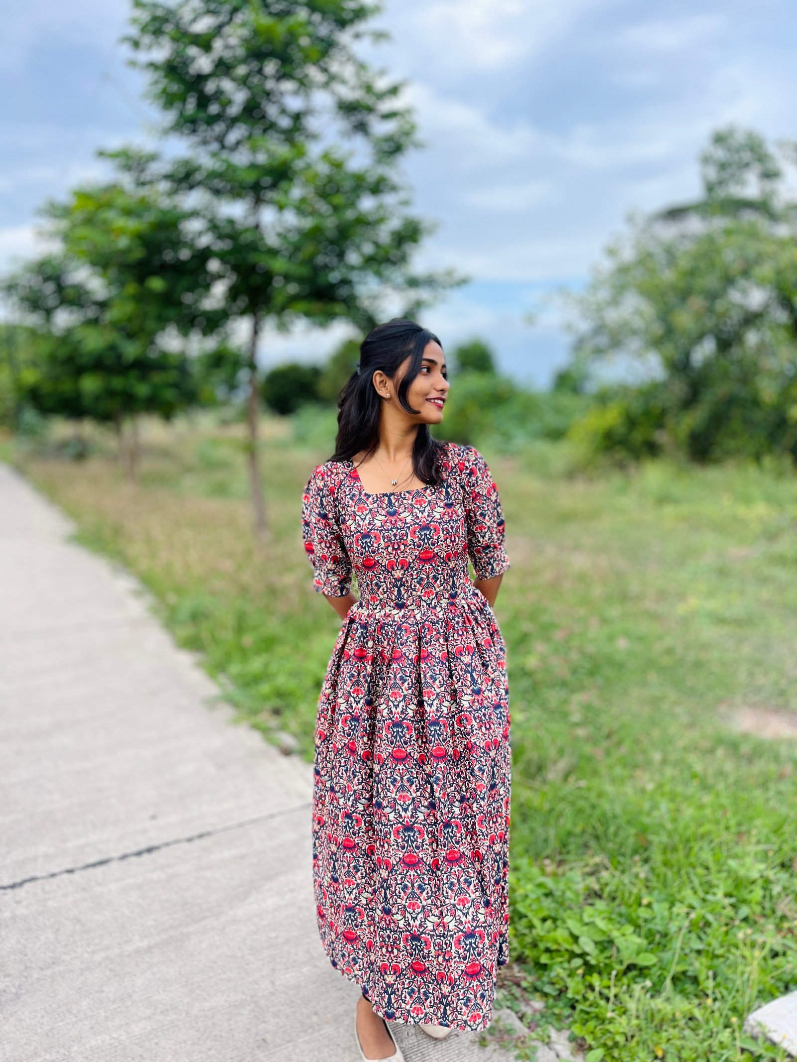 Elegant Floral Printed Anarkali Gown with 3/4th Sleeves