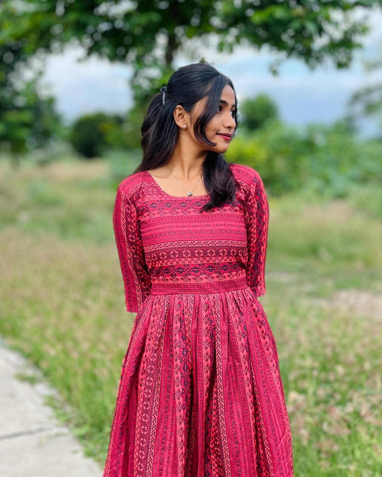 Trendy Red Printed Anarkali Gown with 3/4th Sleeves