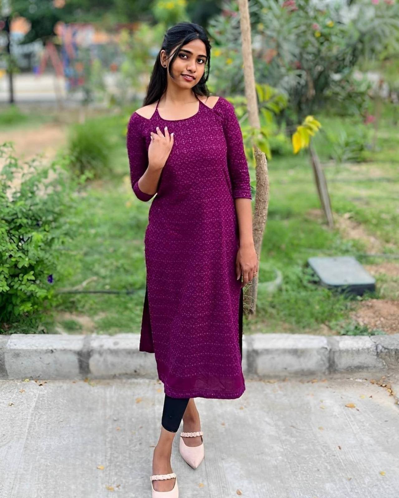 Trendy Solid Purple Kurti with Cold Shoulder Design