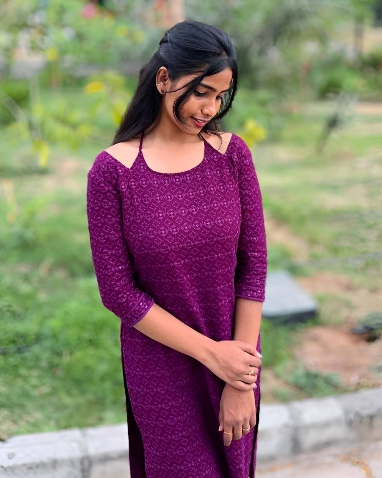 Trendy Solid Purple Kurti with Cold Shoulder Design