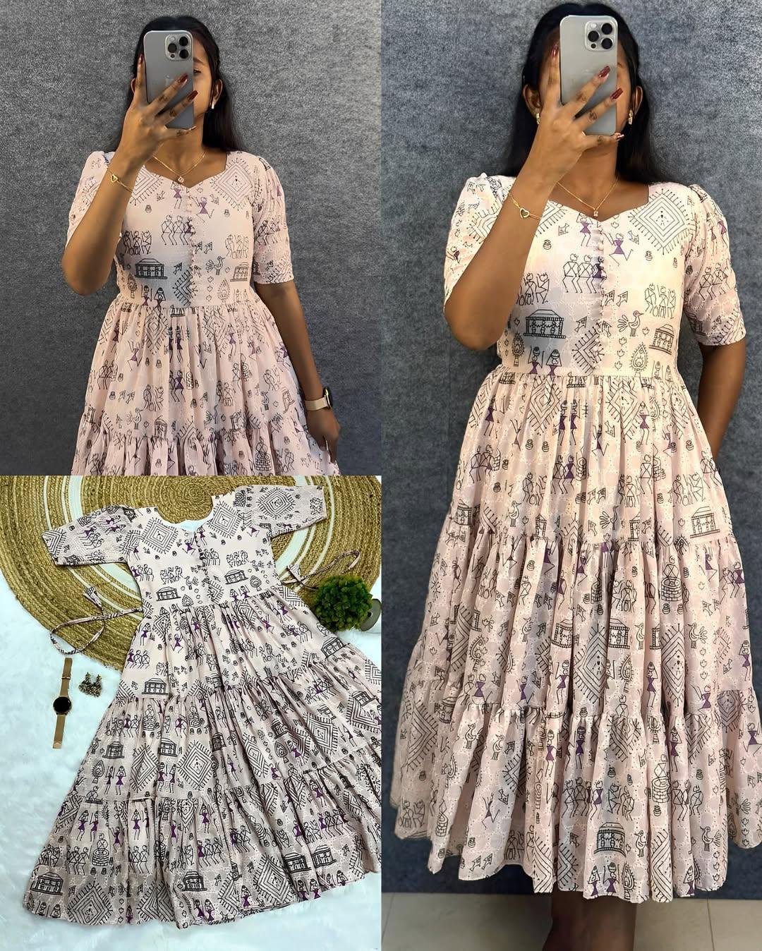 Trendy Hakoba Printed Maxi Gown with Half Sleeves