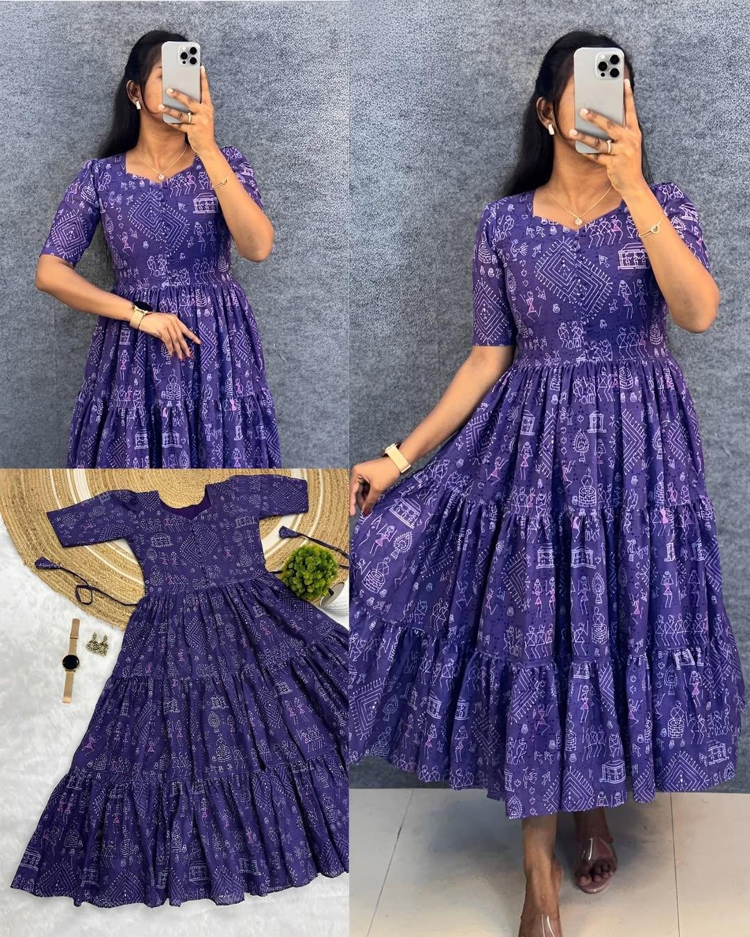 Trendy Hakoba Printed Maxi Gown with Half Sleeves