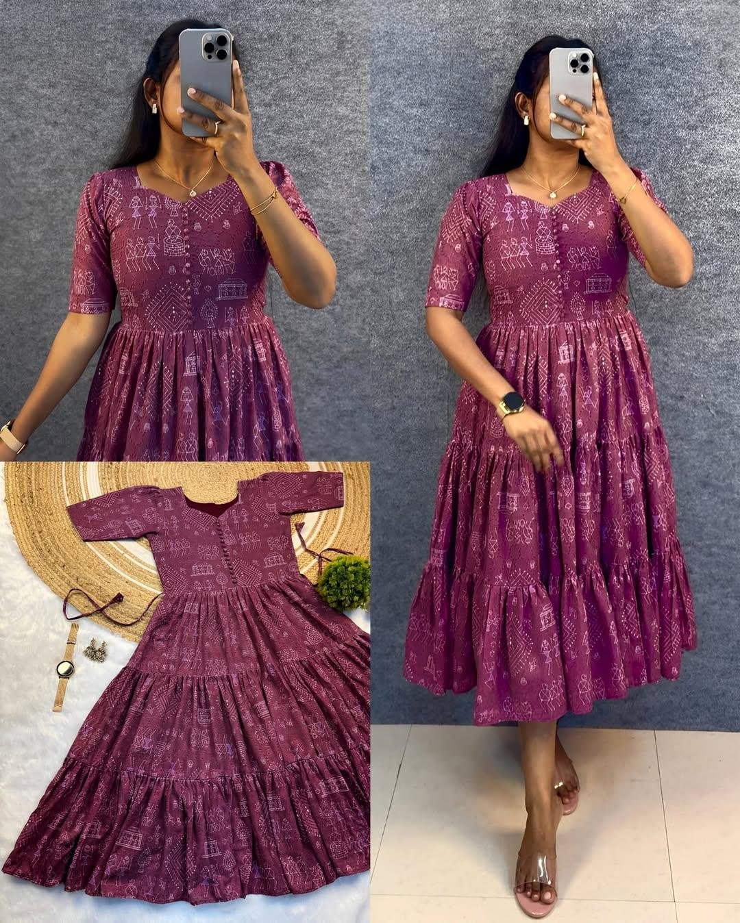 Trendy Hakoba Printed Maxi Gown with Half Sleeves