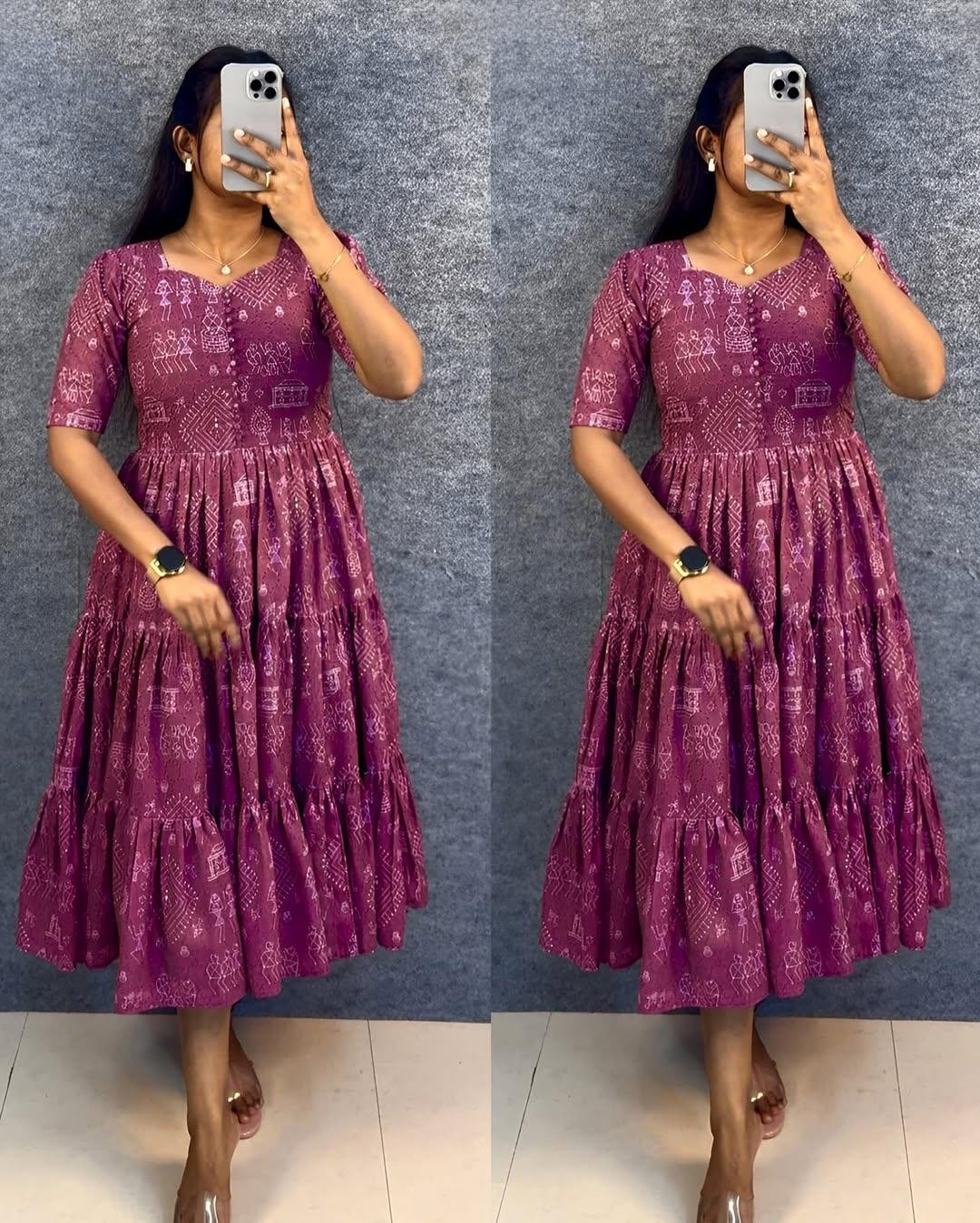 Trendy Hakoba Printed Maxi Gown with Half Sleeves