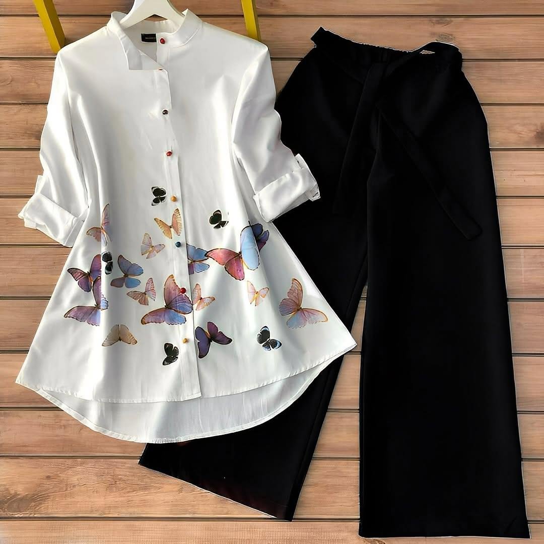 Trendy White Butterfly Print Shirt Kurti with Palazzo Pant Set