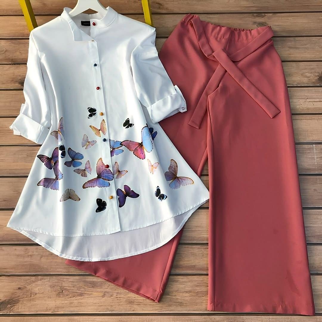Trendy White Butterfly Print Shirt Kurti with Palazzo Pant Set