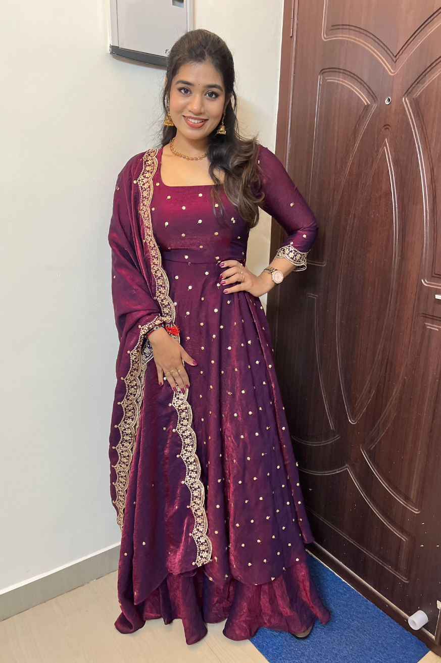 Designer Space Silk Embroidered Gown With Dupatta