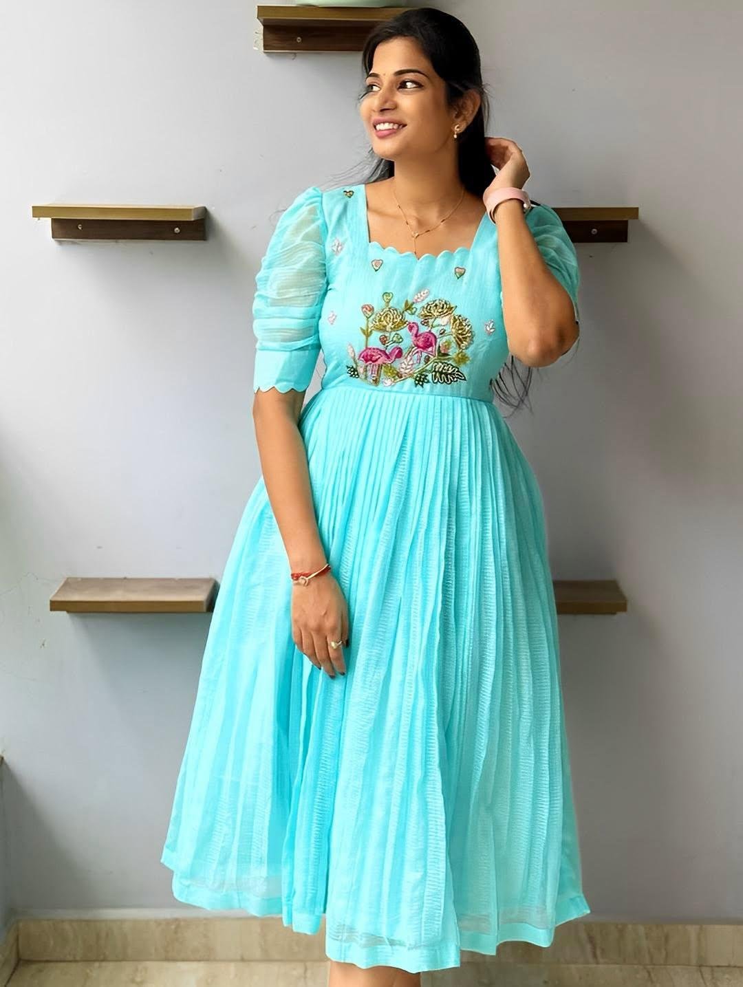 Kota Cotton Handwork Designer Dress / Fluffy Blue Maxi in offer