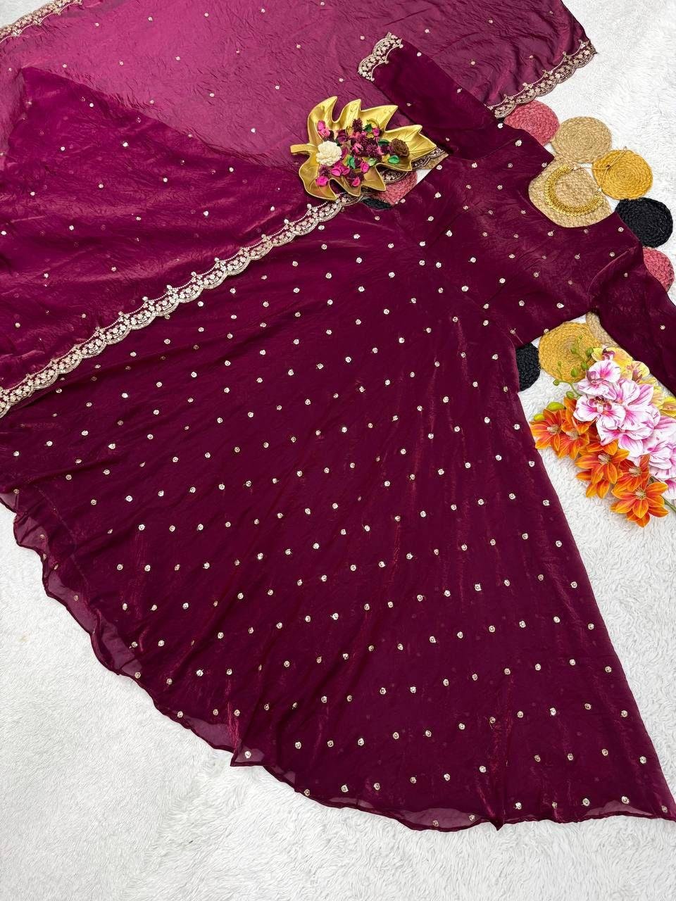 Designer Space Silk Embroidered Gown With Dupatta