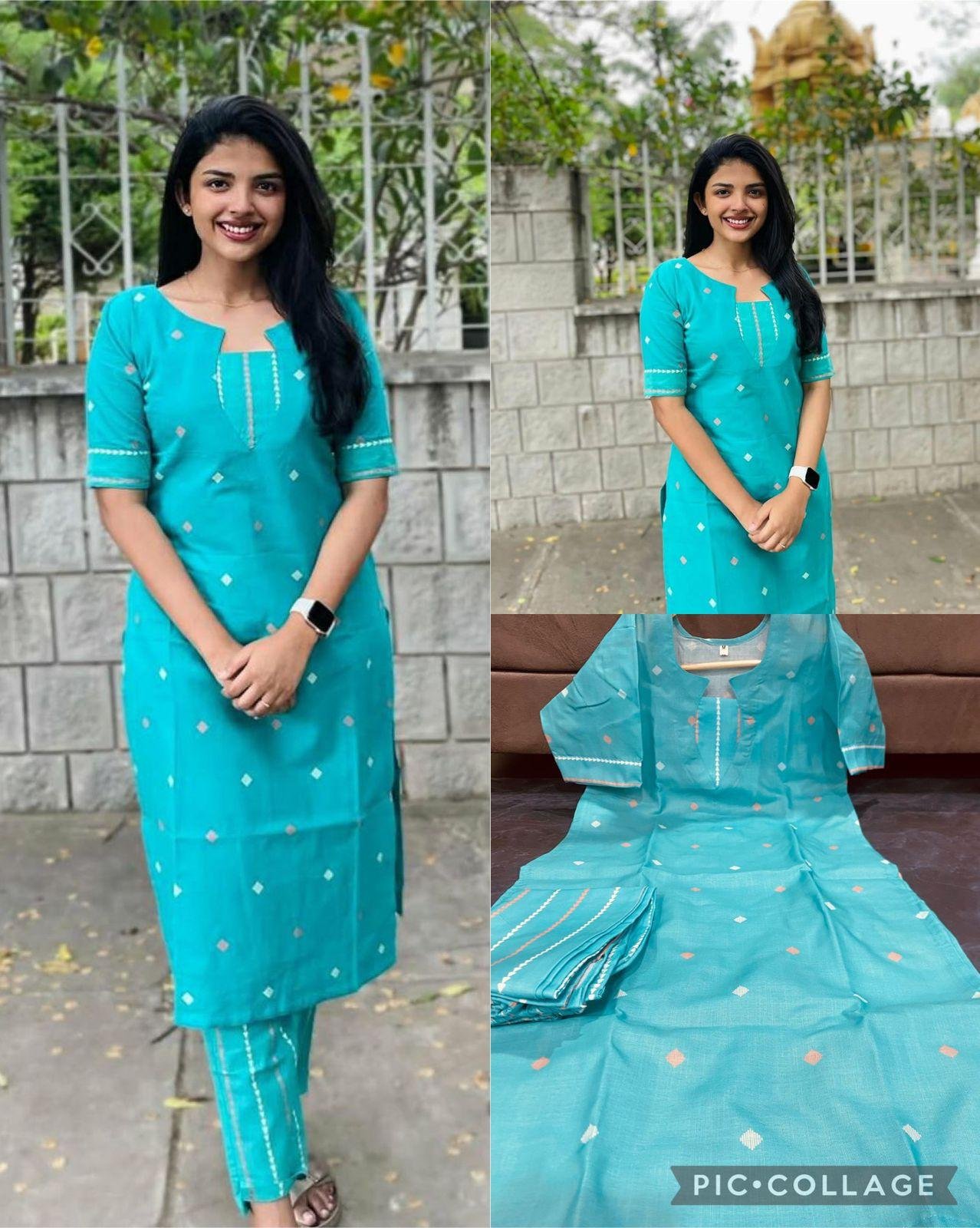 Elegant Aqua Blue Cotton Kurti with Pant Set