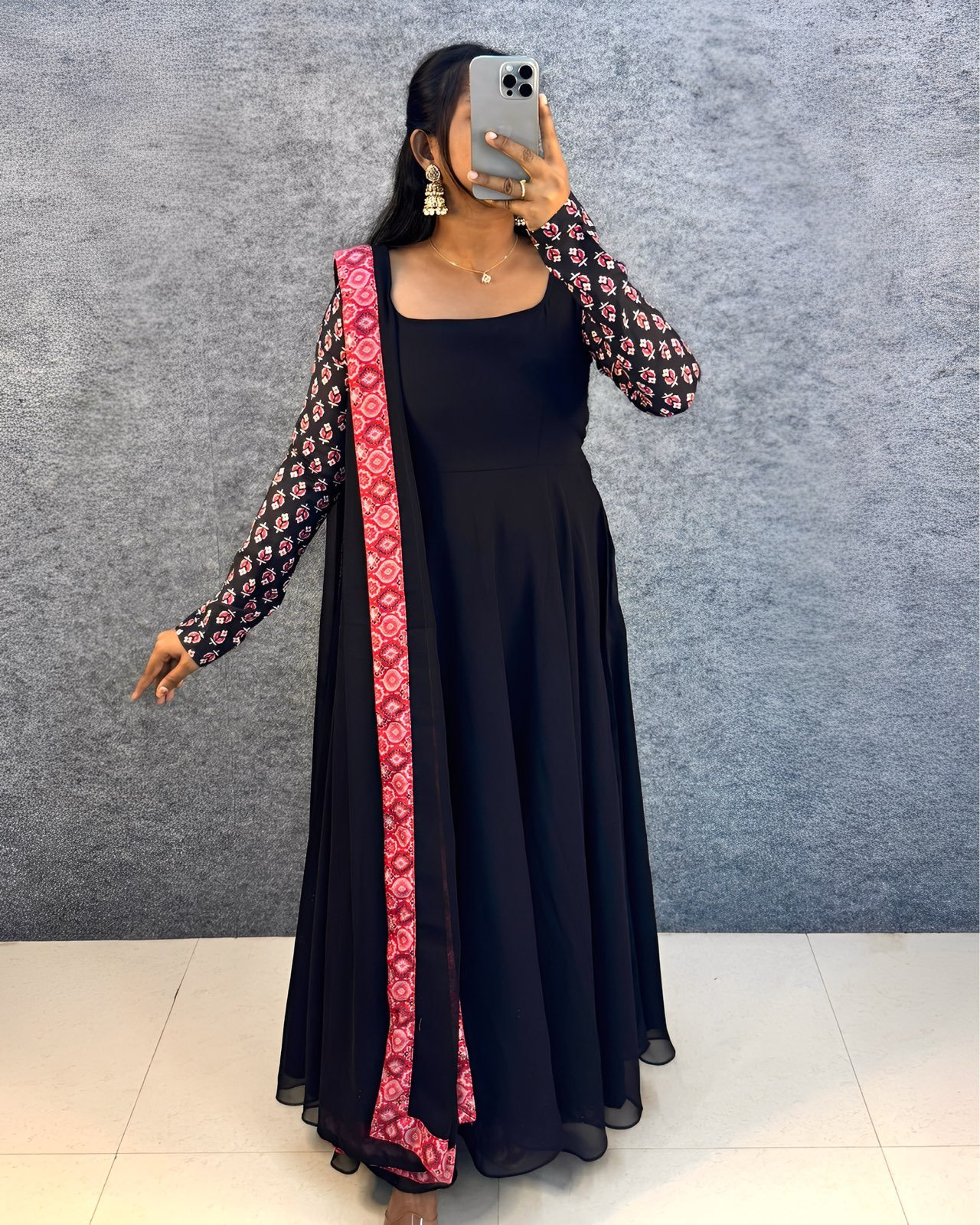 Keerthi Suresh Inspired Black Anarkali Gown with Printed Dupatta & Full Sleeves