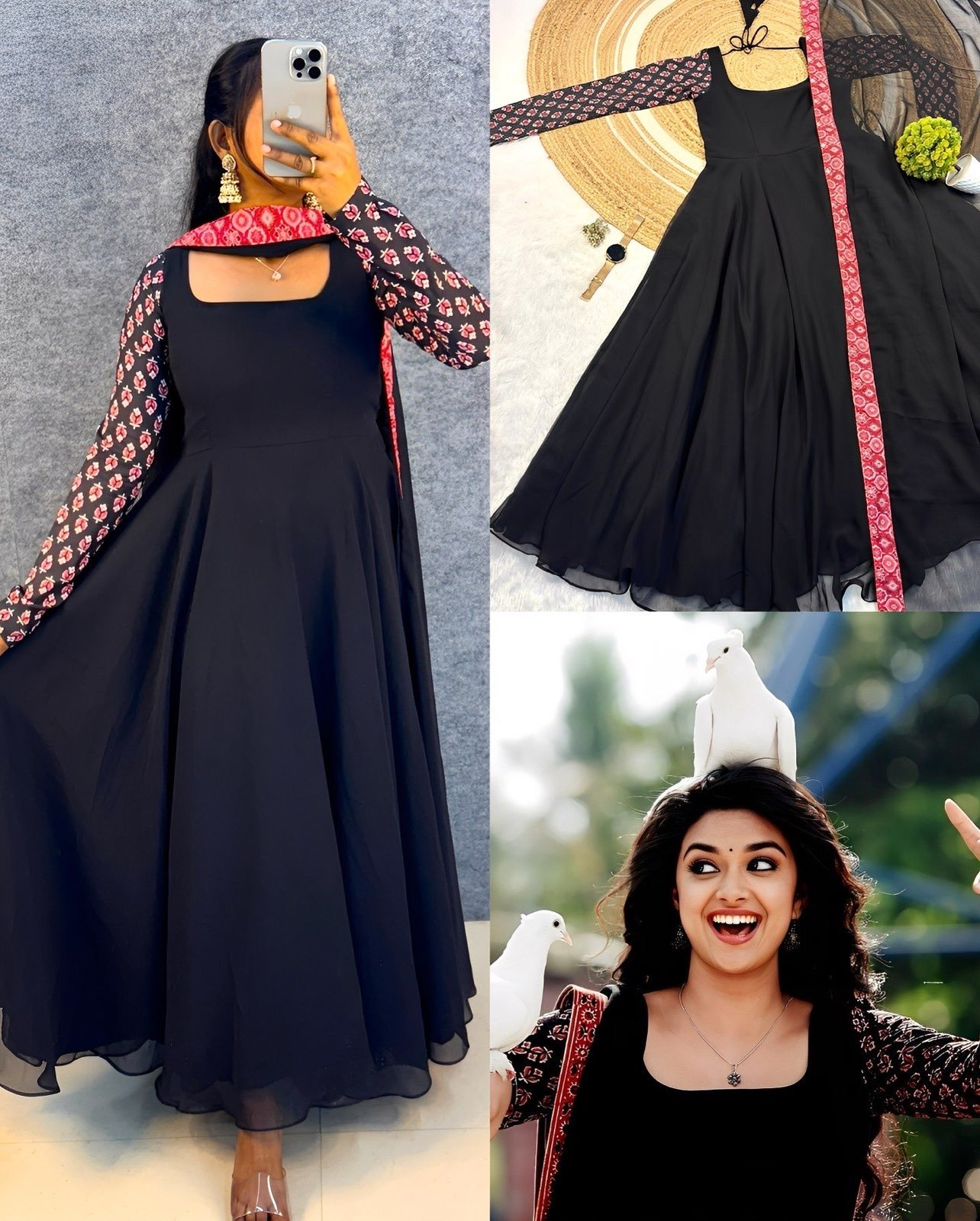 Keerthi Suresh Inspired Black Anarkali Gown with Printed Dupatta & Full Sleeves