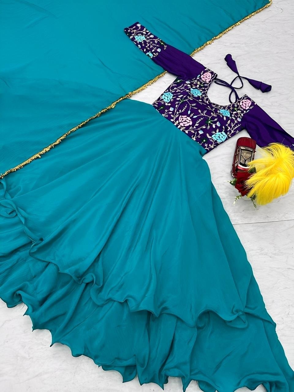 Party Wear Sky Blue Color Chinon And Embroidery Thread Work Designer Gown