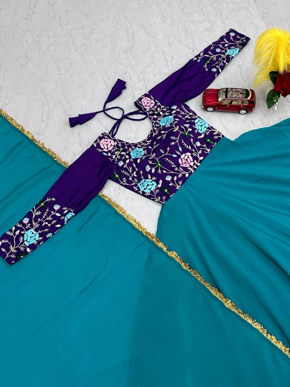 Party Wear Sky Blue Color Chinon And Embroidery Thread Work Designer Gown