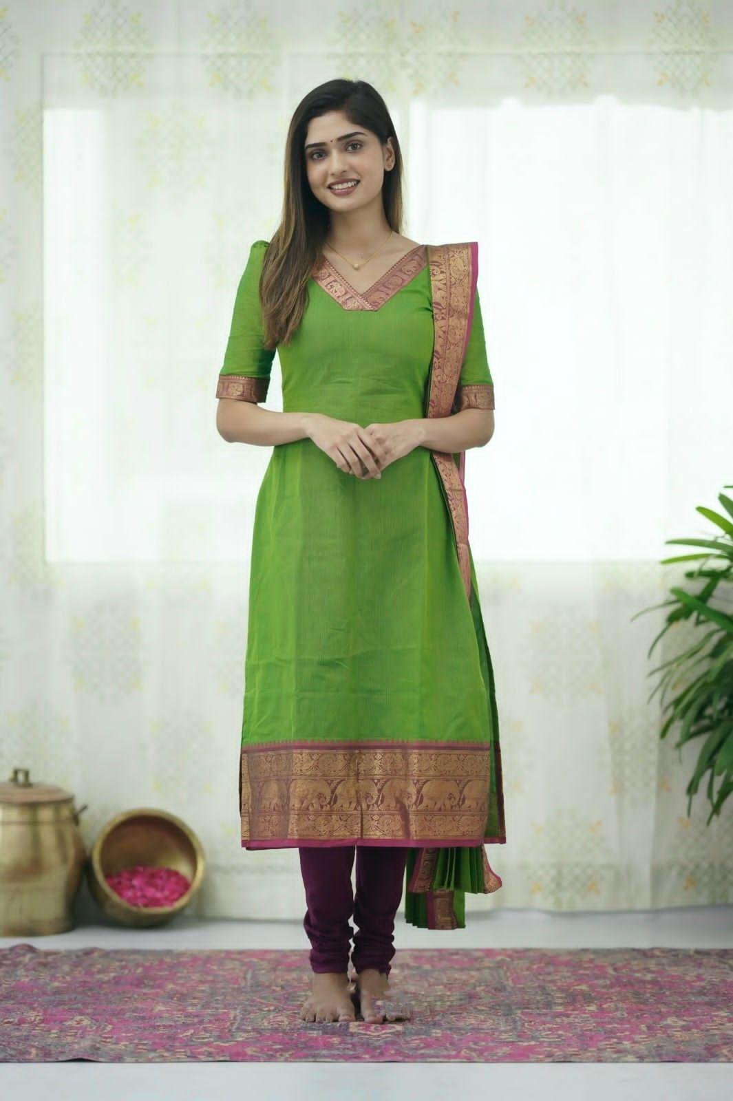 Elegant Cotton Blend Kurti with Zari Border Dupatta
