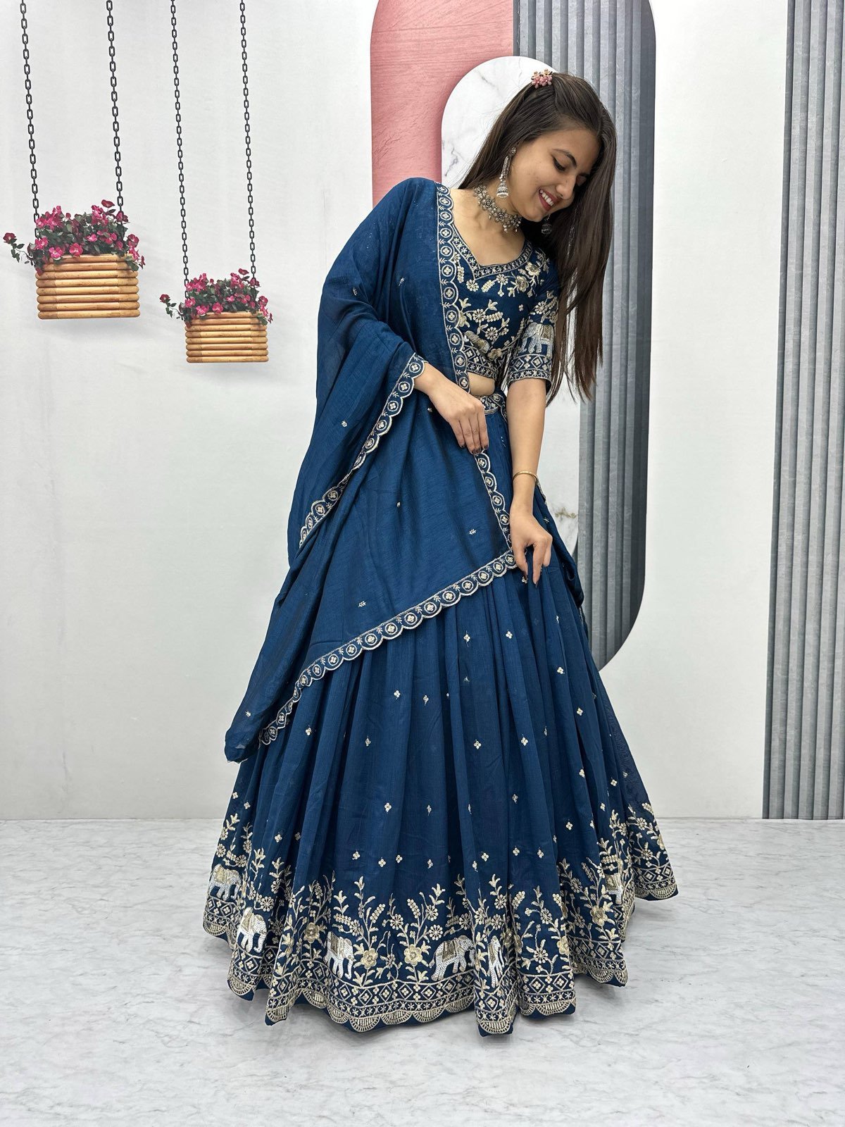 Navy & Pink Vichitra Silk Lehenga Set with Heavy Embroidery & Sequins