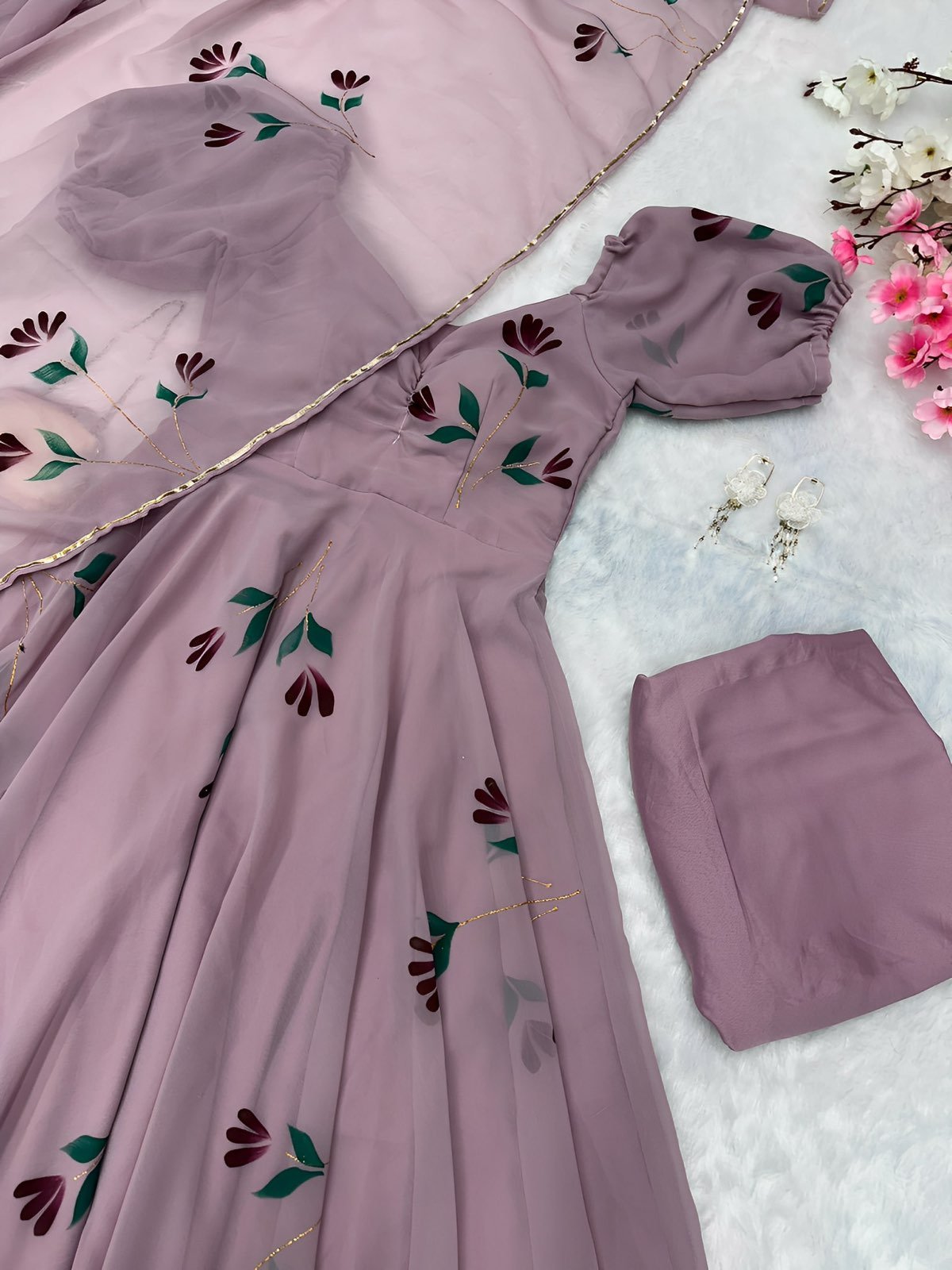 Georgette Anarkali Set with Buttersilk Pants & Dupatta – By Stylytic