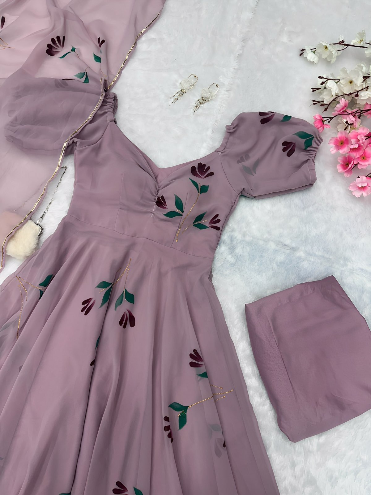 Georgette Anarkali Set with Buttersilk Pants & Dupatta – By Stylytic