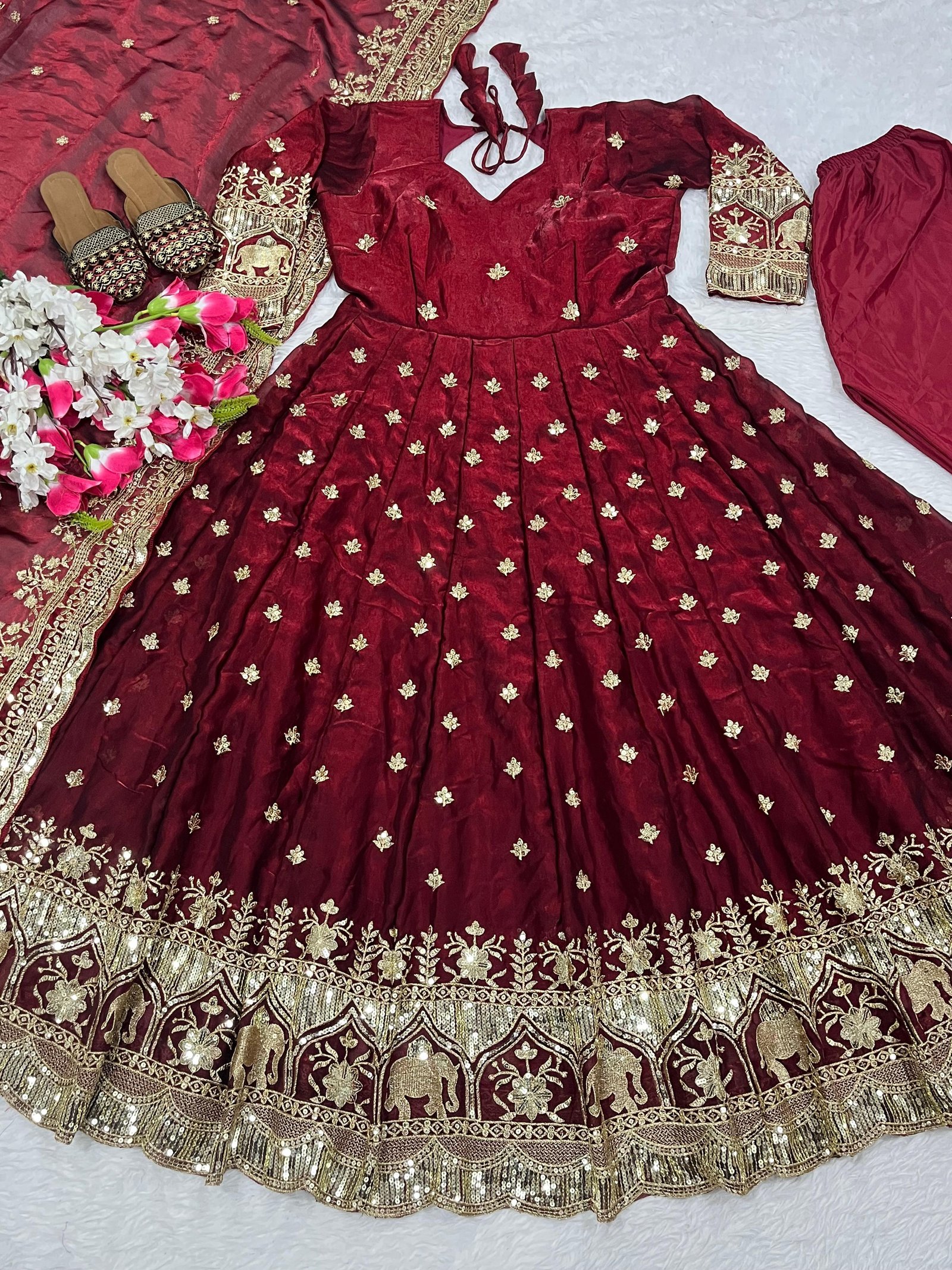 Pure Silk Stitched Anarkali Gown  (Maroon)