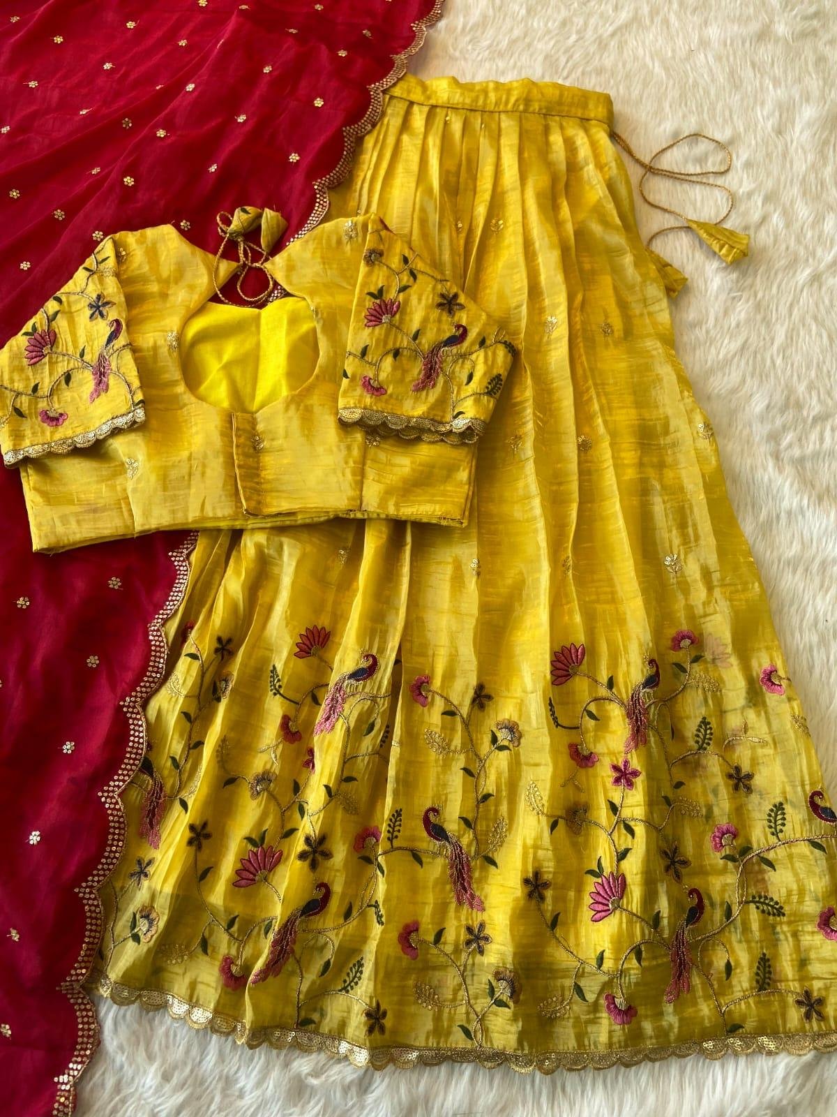Golden Crush Silk Embroidered Lehenga Set with Scalloped Dupatta – Elegant Festive Edition