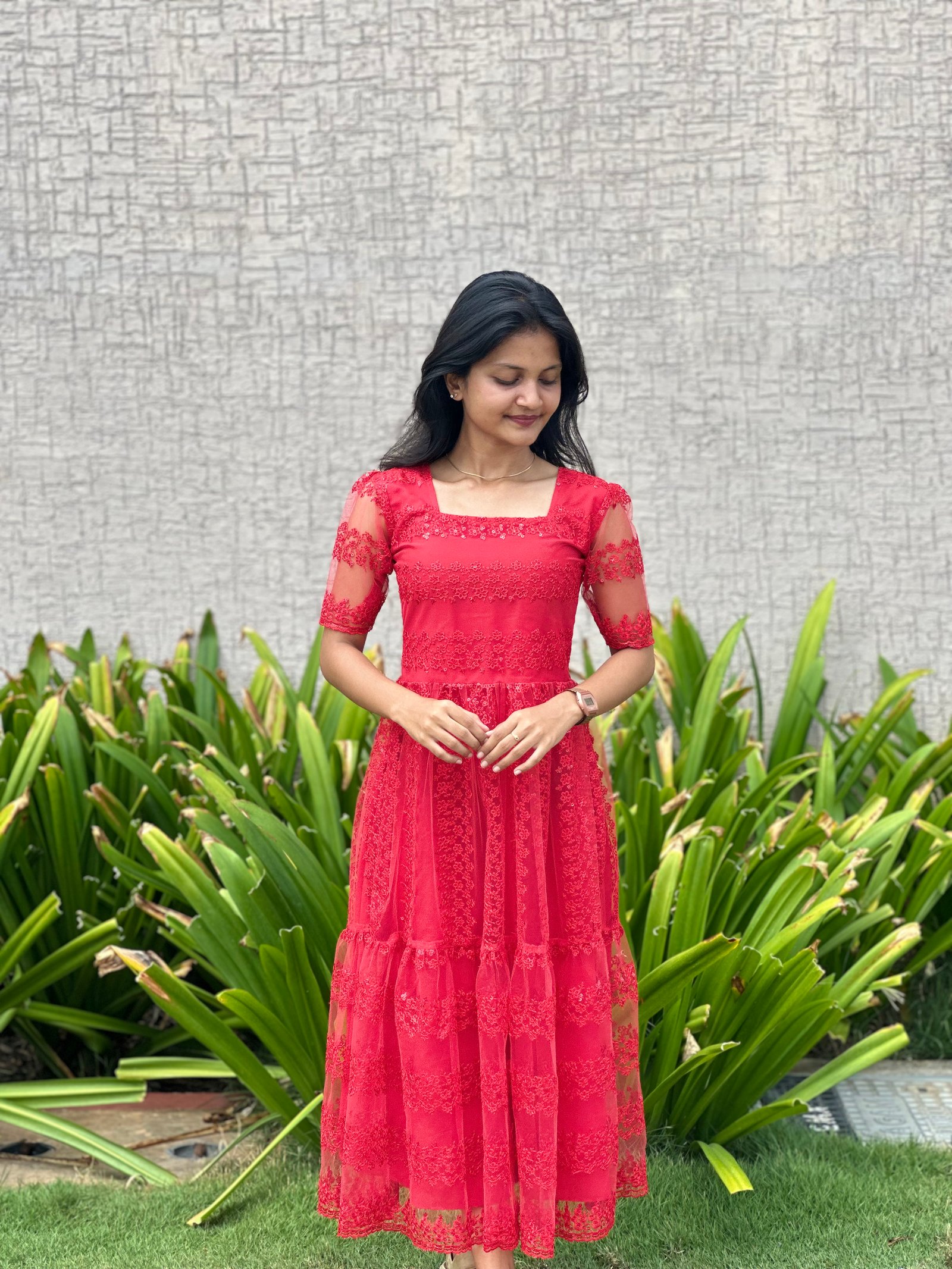 Ruby Queen Pearl Embroidered Red Maxi