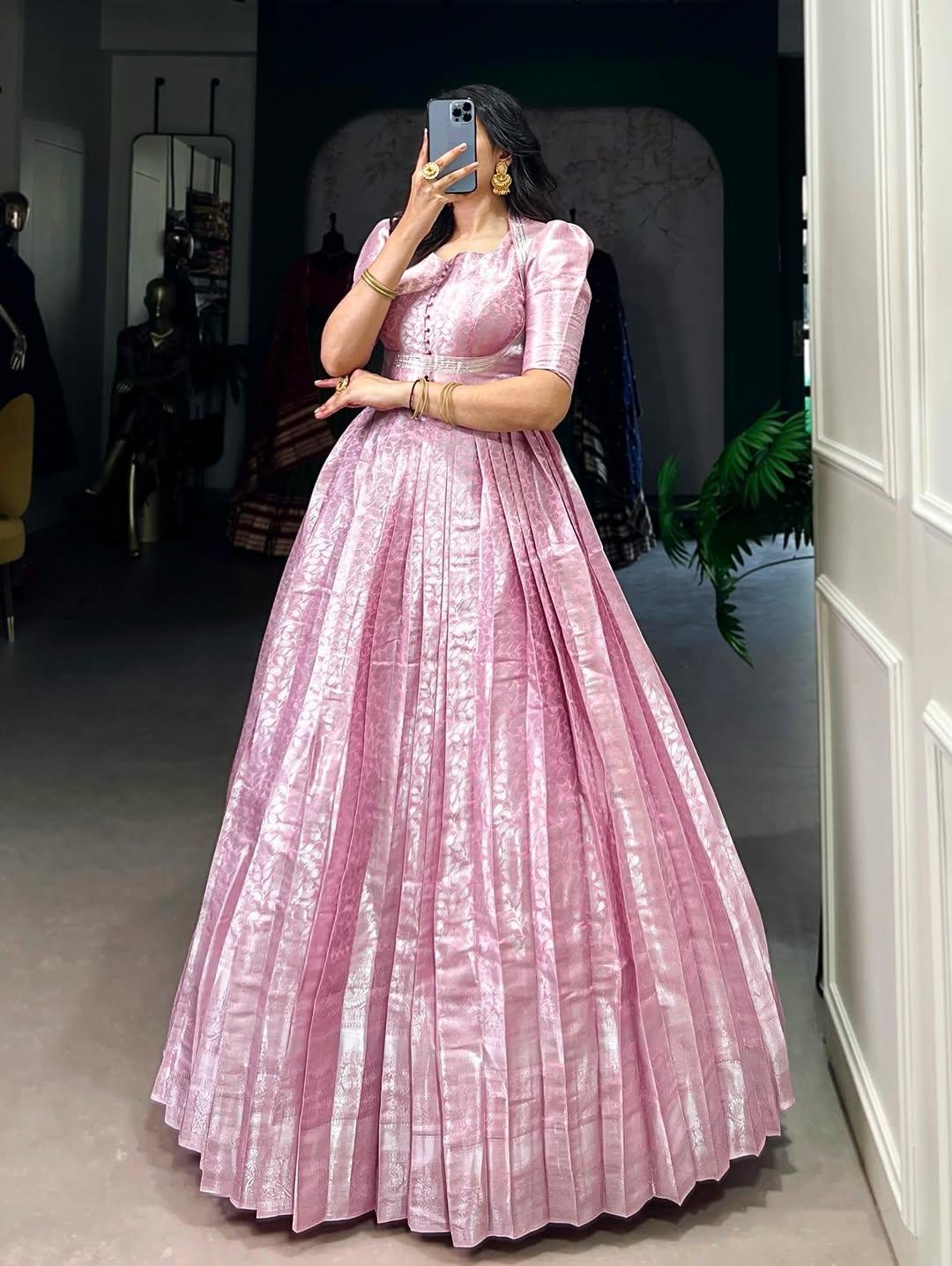 Kanjivaram Gown with Zari Weaving & Lace Touch-Up with Matching Koti – Elegant 2-Piece Ensemble