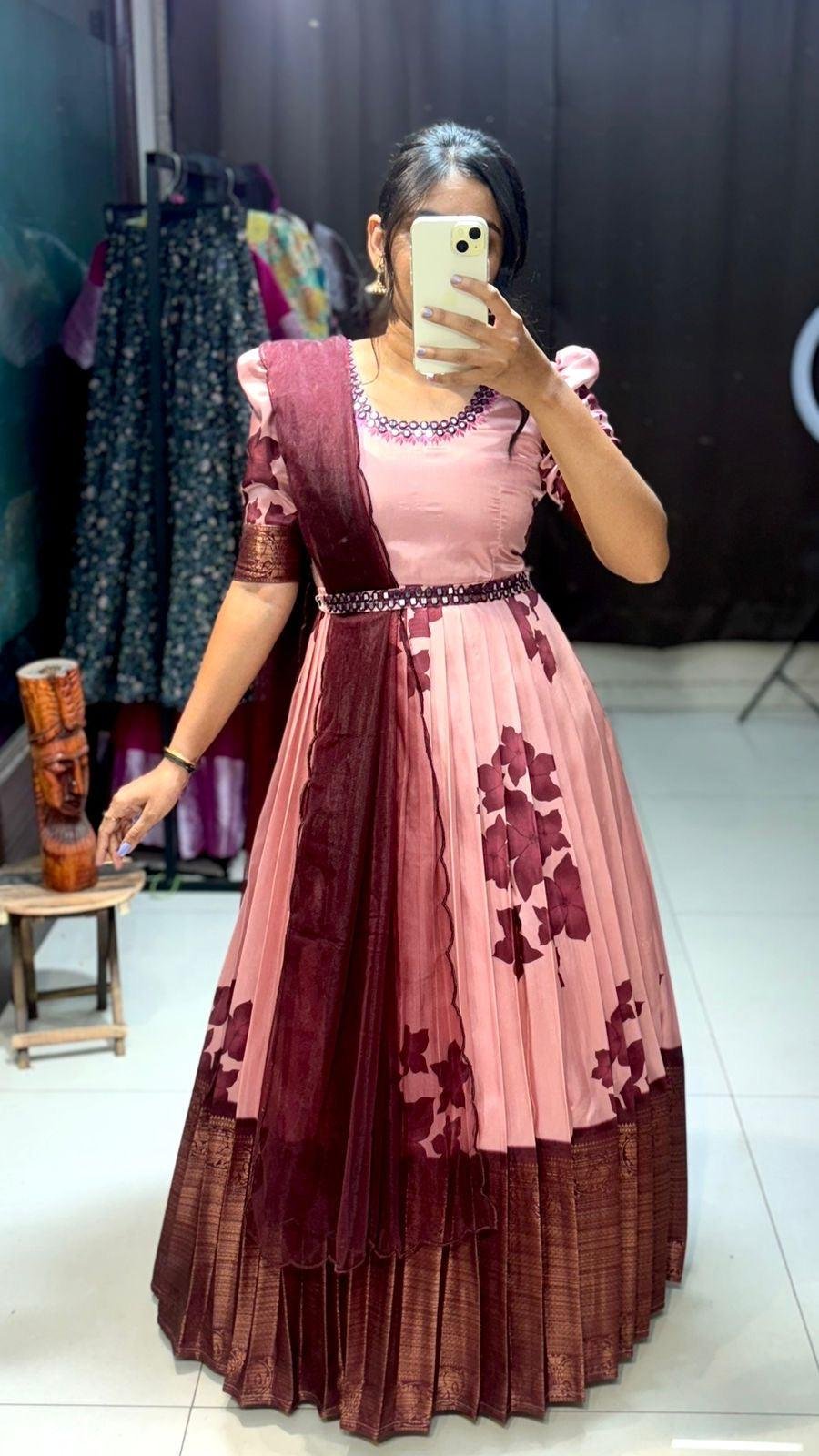 astel Peach Banarasi Ethnic Gown with Dupatta – Traditional Festive Wear for Women