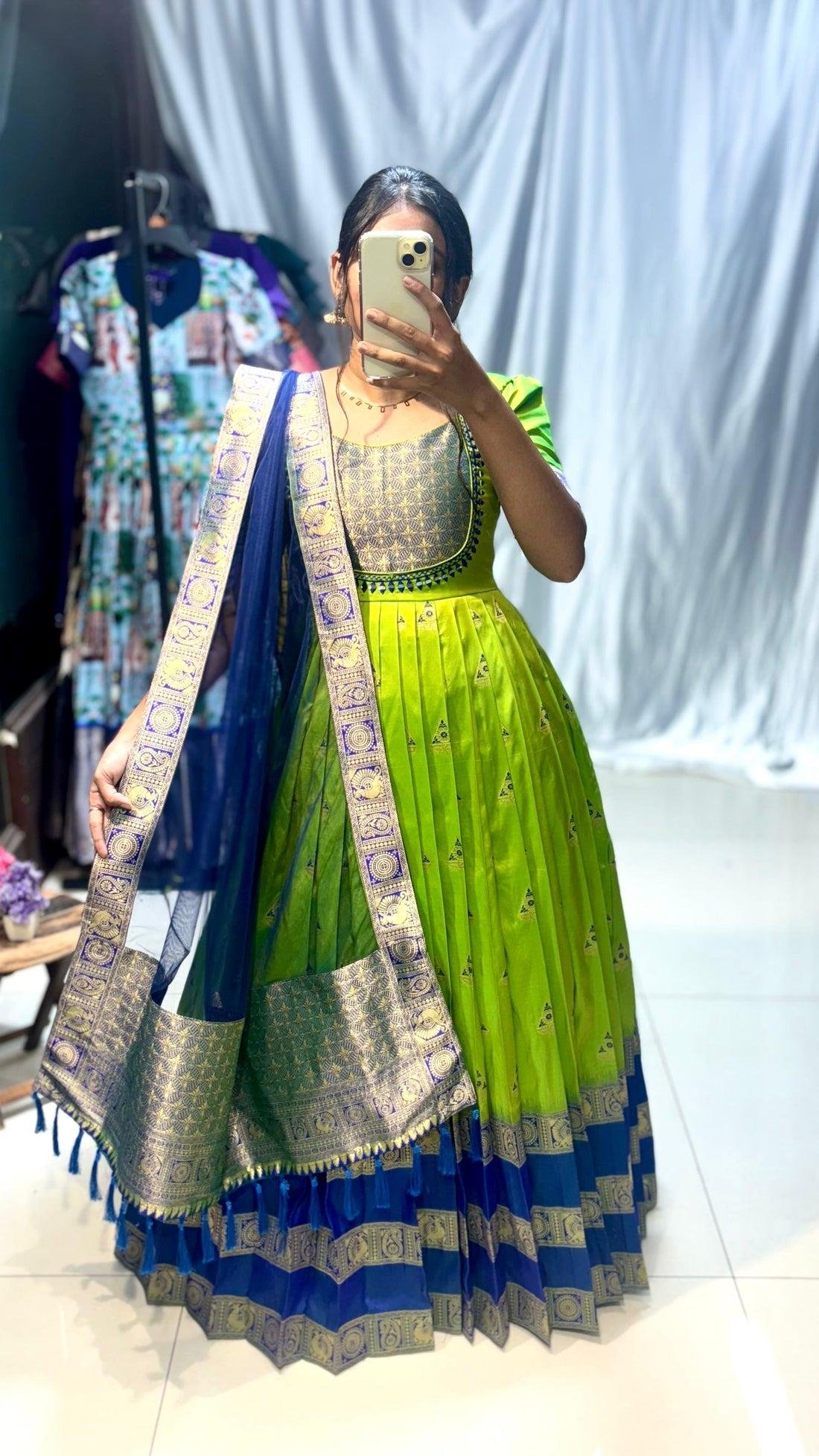 Trendy Pastel Peach Banarasi Silk Gown with Dupatta | Golden Zari Weave & Mirror Work Ethnic Dress