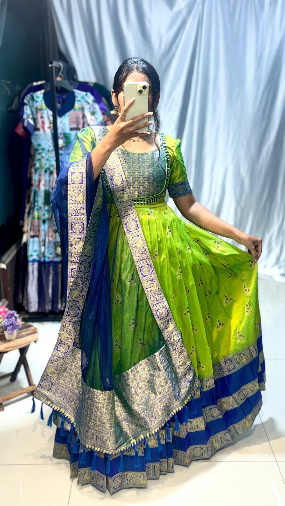 Trendy Pastel Peach Banarasi Silk Gown with Dupatta | Golden Zari Weave & Mirror Work Ethnic Dress