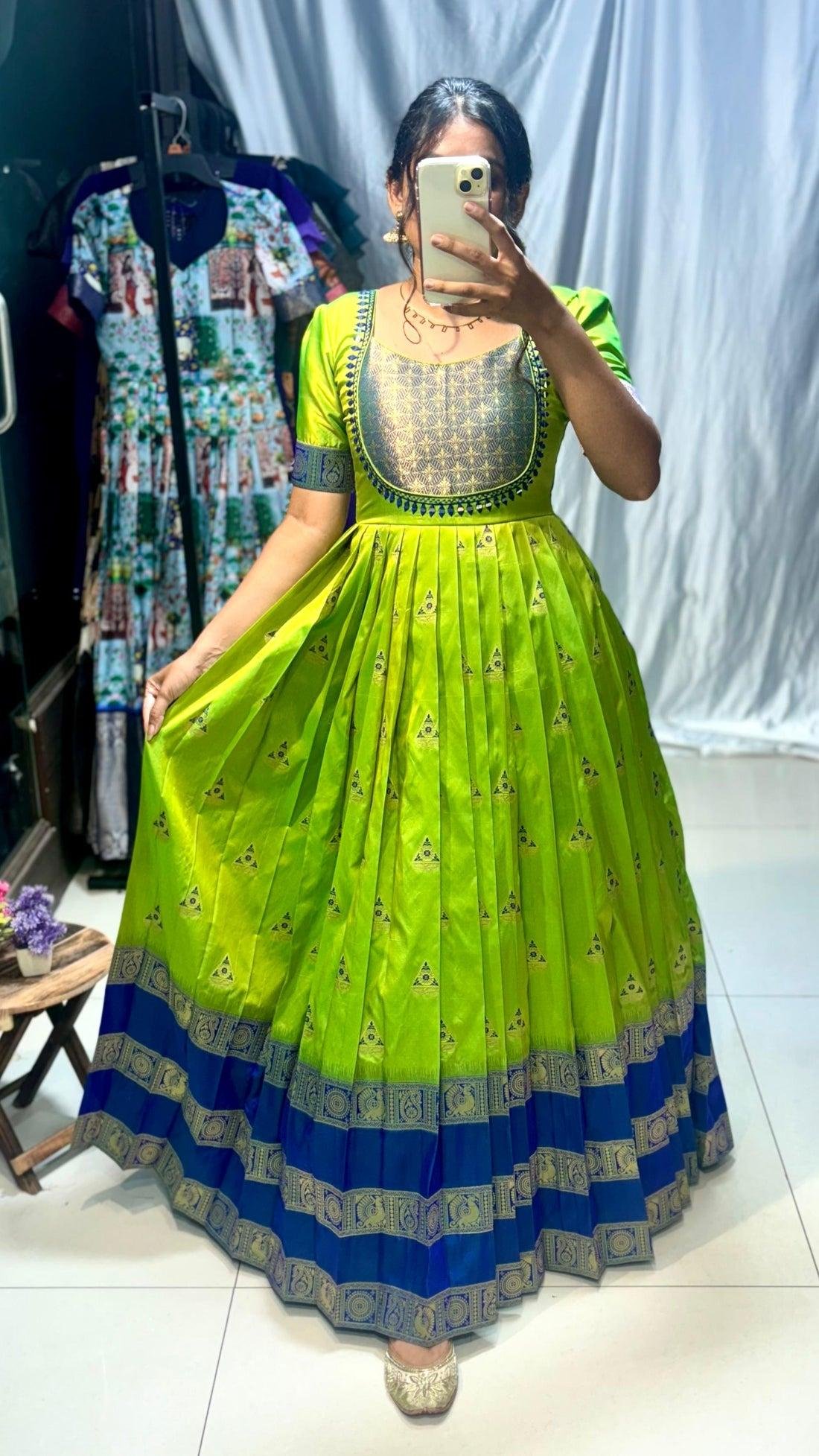 Trendy Pastel Peach Banarasi Silk Gown with Dupatta | Golden Zari Weave & Mirror Work Ethnic Dress