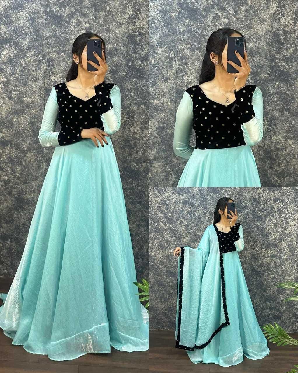 Fendy Silk Gown with Dupatta | 9000 Velvet Sequin Work Party Wear Ethnic Dress