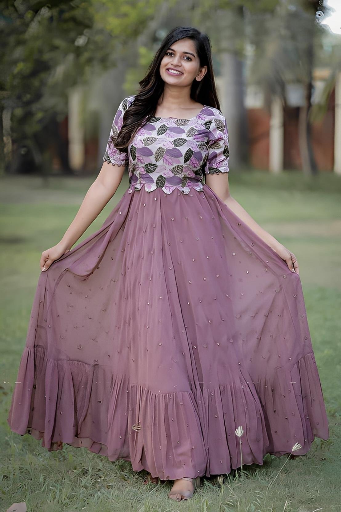 Launching New Georgette Maxi Gown with Mirror Work | Printed Yoke & Flared Designer Ethnic Dress